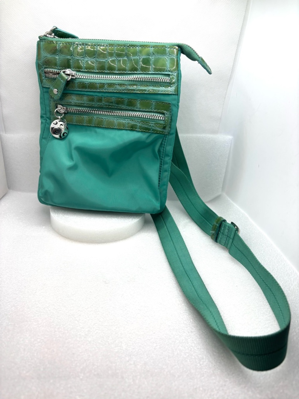 Brighton Green Crossbody Bag - nylon and patent leather trim Small Shoulder Bag